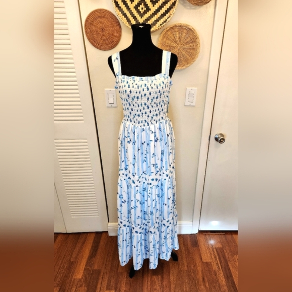 Sleeveless Floral Blue and White Tiered Maxi Dress